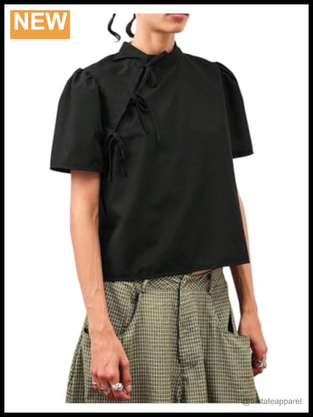 Chinese Style Puff Sleeve Blouse Knot Side Stand Collar